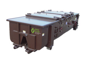 Hard top roll off box for rent. Metal lid closed and secured.