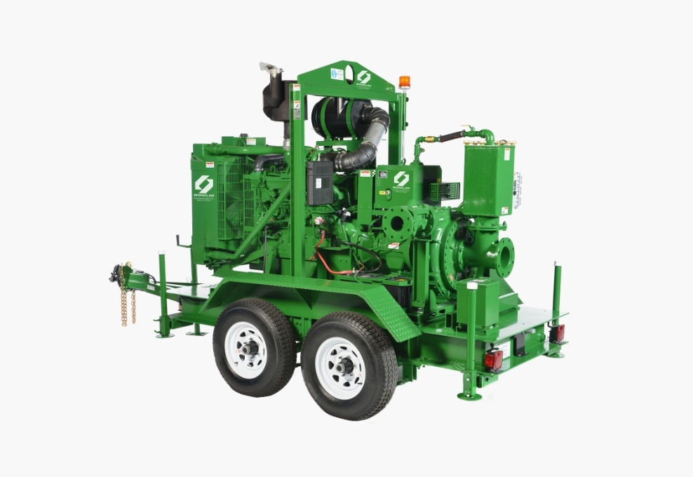 4" rental pump for industrial uses with prime assist, diesel engine, and trailer mount.